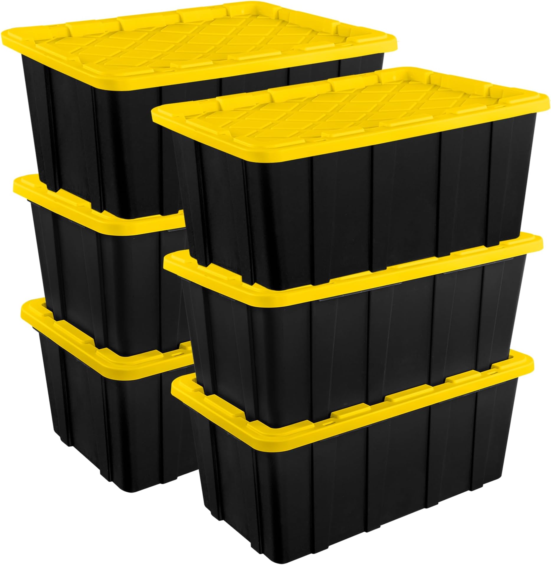 Sterilite 27 Gal Industrial Tote, Stackable Storage Bin with Snap-Fit Lid for Garage, Basement & Attic Storage, Black Base and Yellow Lily Lid, 6-Pack