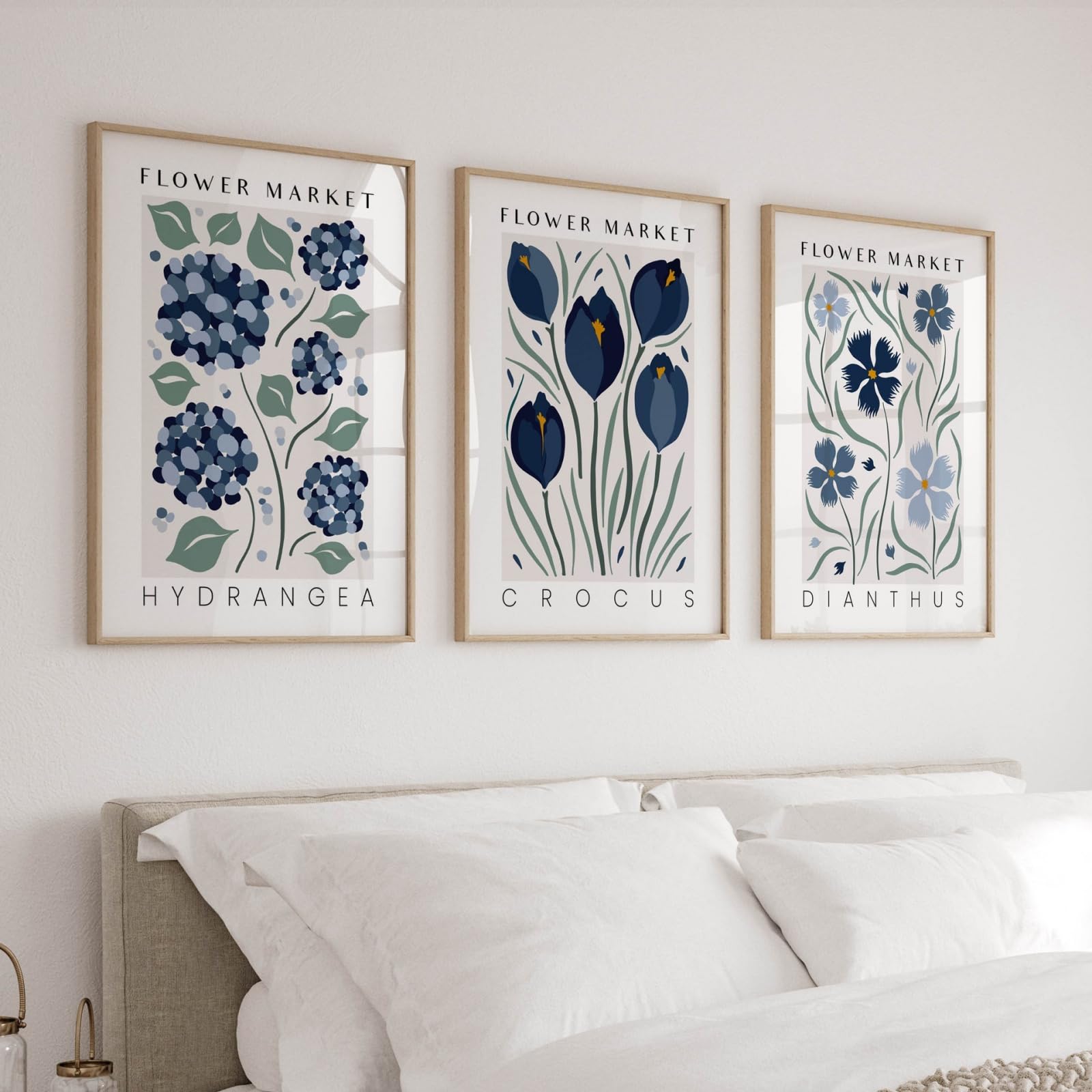 JORCEDI Flower Market Canvas Wall Art Set of 3, Botanical Floral Posters Vintage Blue Green Room Decor for Living Room Bedroom, 21x30-50x70cm, Unframed (30x40 cm,A)