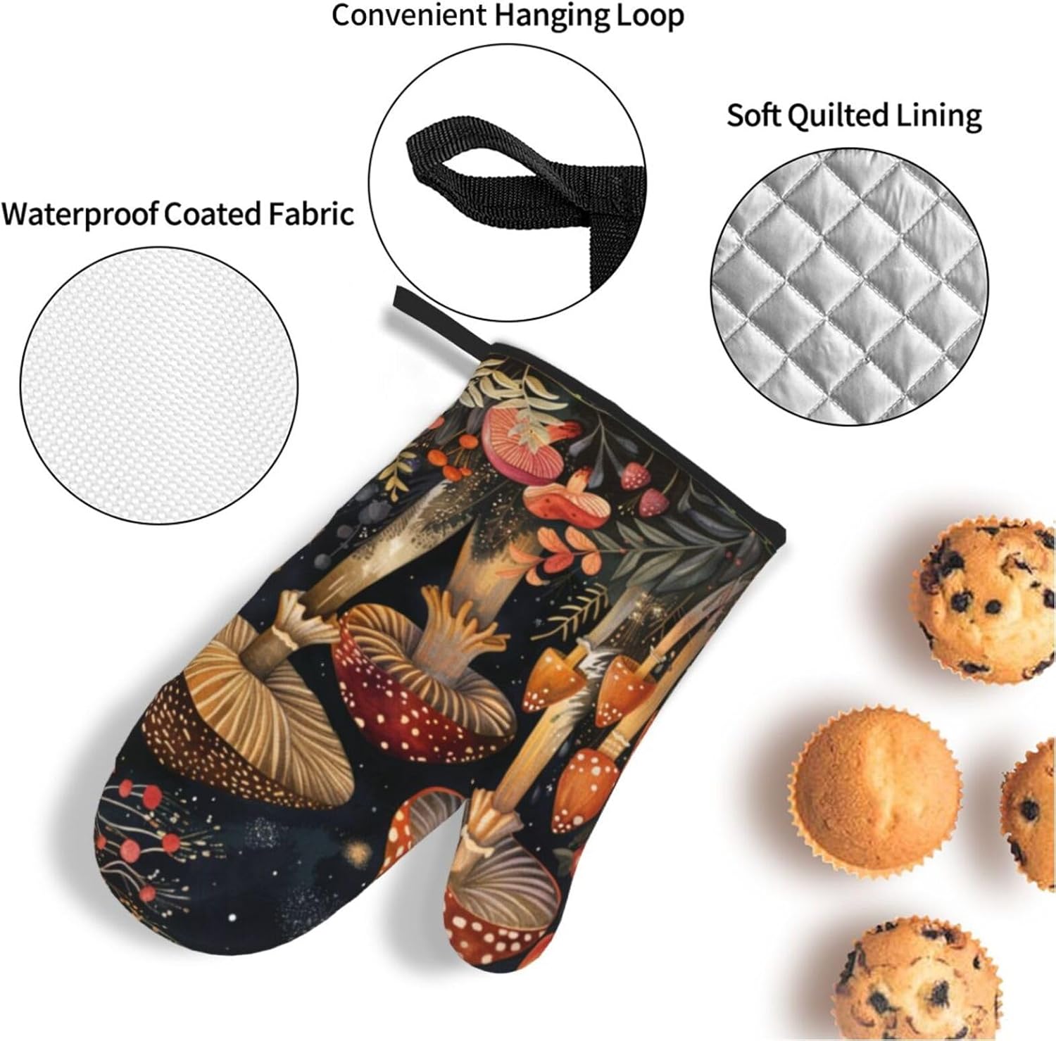 Oven Mitts and Pot Holders Sets of 4 Mushroom Vintage Botanical Kitchen Potholder Gloves Heat Resistant Non-Slip for Chef Baking Cooking Grilling BBQ Mittens