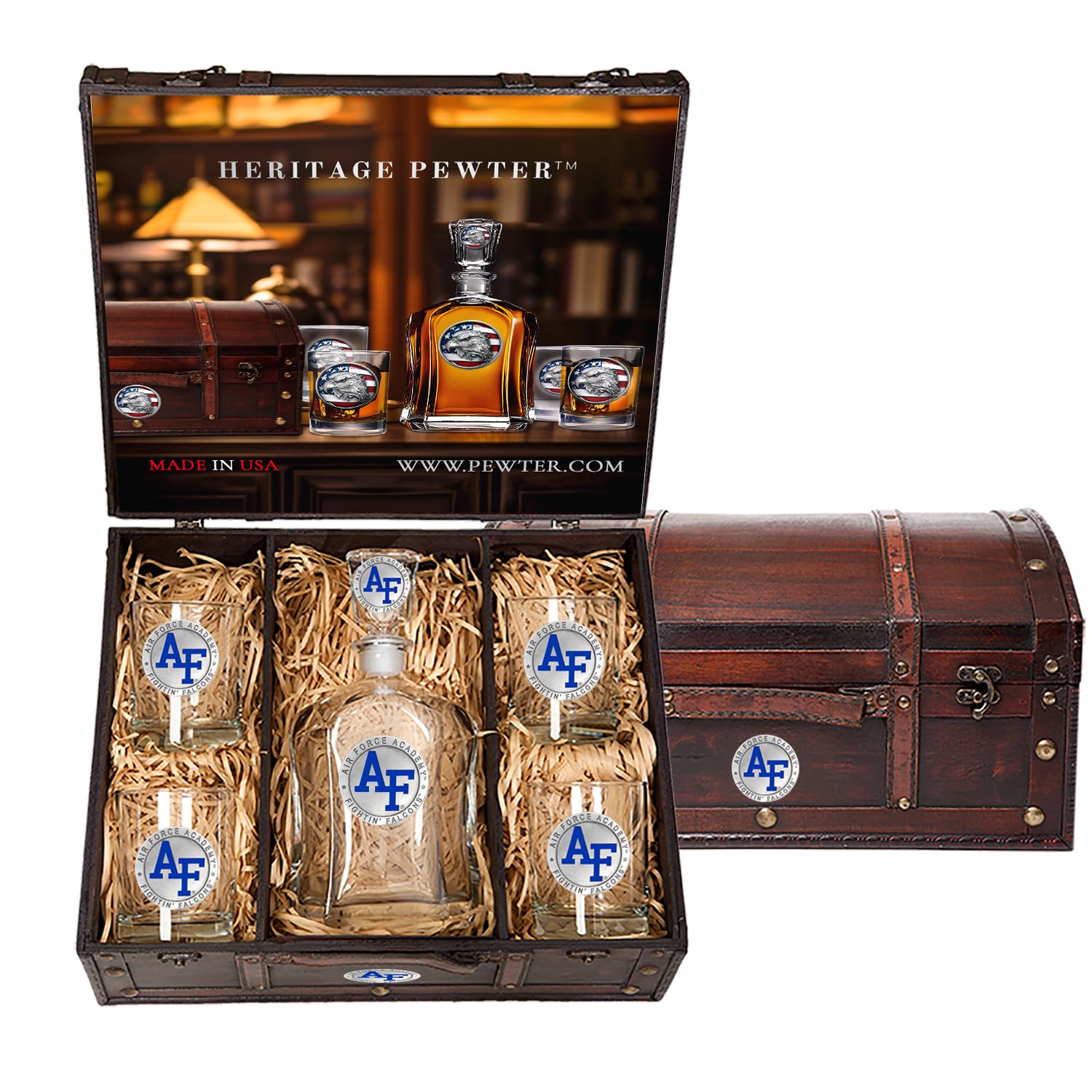 Heritage Pewter US AIR FORCE ACADEMY Capitol Decanter Chest Set | 24 OZ Liquor Pourer with 4 Double Old-Fashioned Glasses | Expertly Crafted Pewter Glass