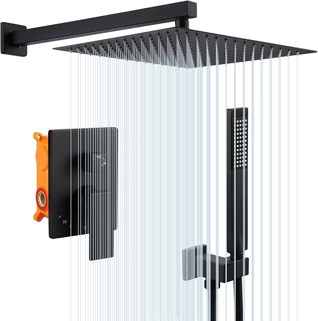 KES Black Shower Set 3-Function Concealed Shower System for Bathroom Wall Mounted 12-Inch Shower Head with Handheld Including Rough-in Valve Body and Trim Kit Square, X6230S12-BK