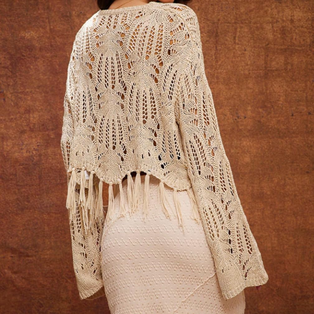 Women Boho Crew Neck Crochet Knit Fringe Hem Crop Sweater Drop Shoulder Long Sleeve Hollow Out Pullover Jumper