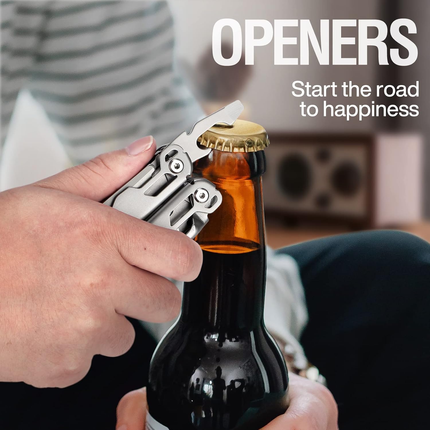 A hand using the MIAOKE Multitool's bottle opener to open a glass bottle.