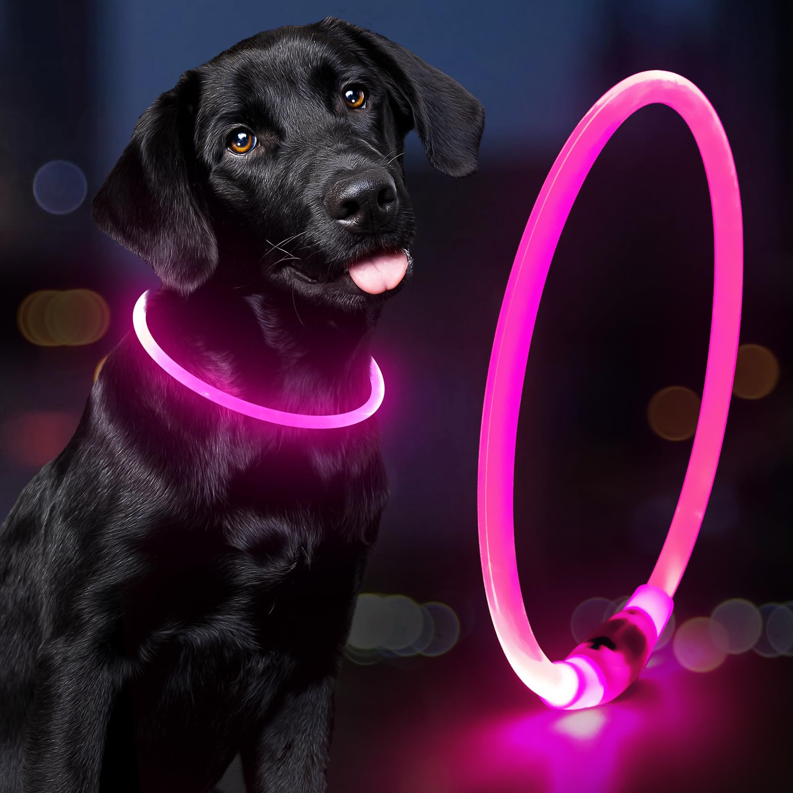 Domagiker Light Up Dog Collar - Waterproof LED Pet Collar Rechargeable, TPU Cuttable Glow in The Dark Dog Lights for Night Walking (Pink)