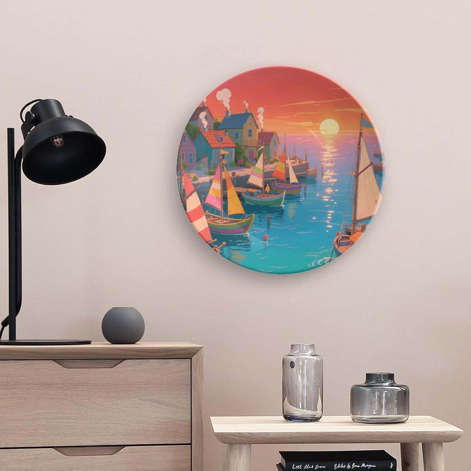 Bone China Decorative Plates Sunset Harbor Ceramic Decorative Plate Wall Decor with Display Stand Ceramic Ornaments for Wall Hanging Decoration