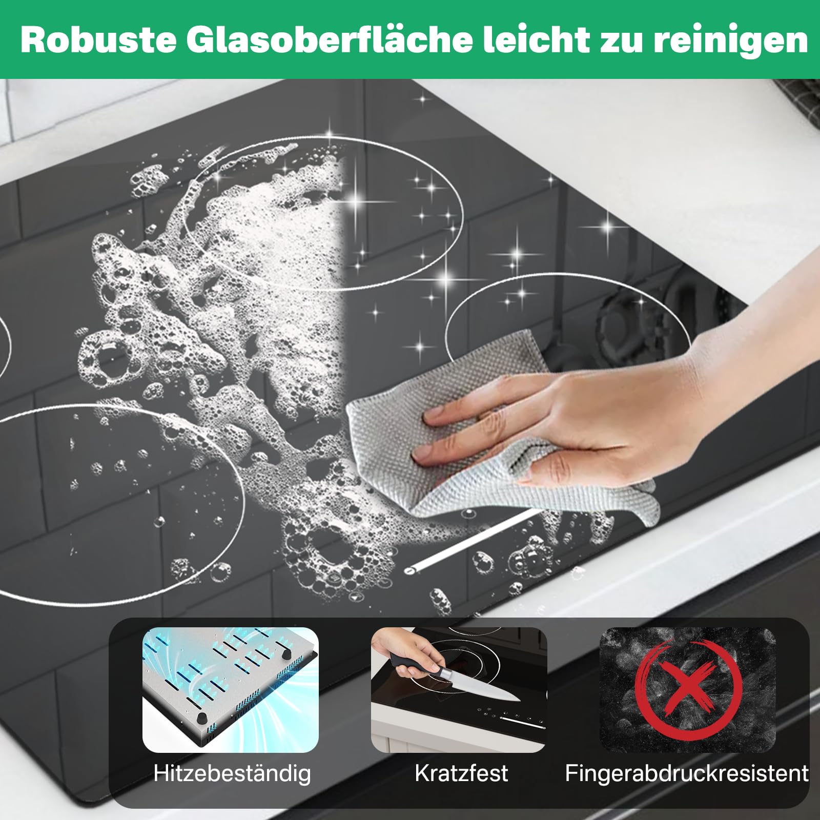 60 cm Glaskeramik Kochfeld 4 Zonen, 6000W Elektro-Cerankochfeld Einbau, Slider Touch Bedienung, Einkreis-Kochzonen, Ohne Stecker Festanschluss, 560×490 mm