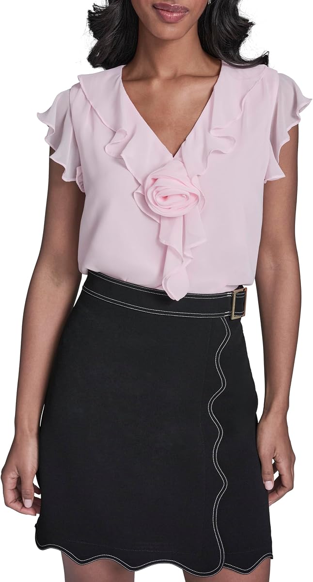 Karl Lagerfeld Women's Spring Essential Blouse with Rosette and Ruffle Details