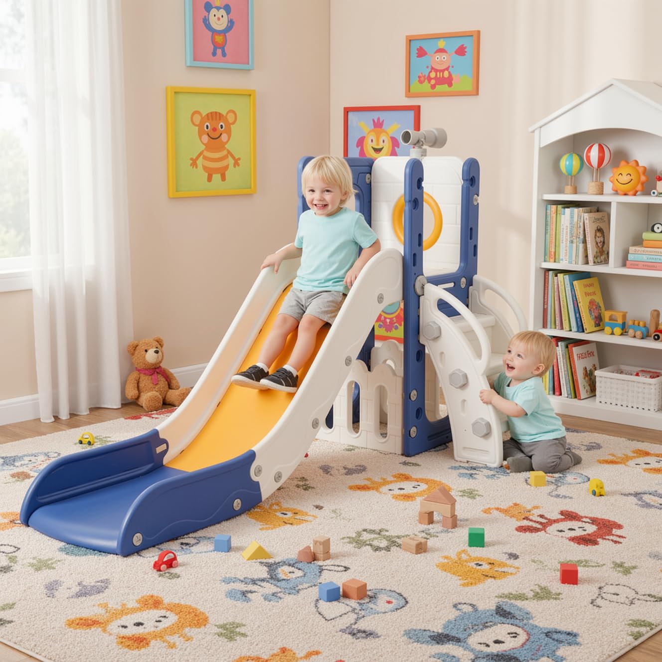 Kinderglijbaan, Glijbaan Voor 1-3 Jaar, Binnen- & Buitenglijbaan Vanaf 1 Jaar, Vrijstaande Glijbaan met Opbergruimte & Speeltelescopen, Tuinglijbaan, Kinderspeelplaats, Blauw Geel