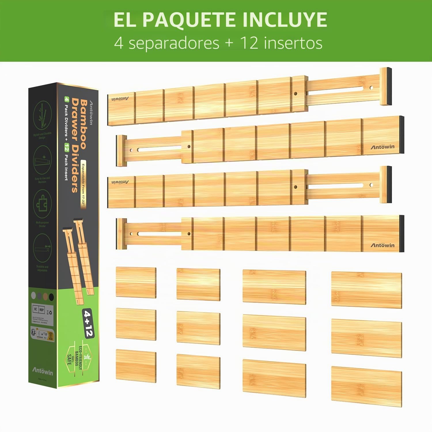 ANTOWIN Paquete de 4 separadores de cajones expandibles, 5,7 cm, se extiende de 43 cm a 56 cm, organizadores de cajones para cocina, dormitorio, oficina, baño (natural)