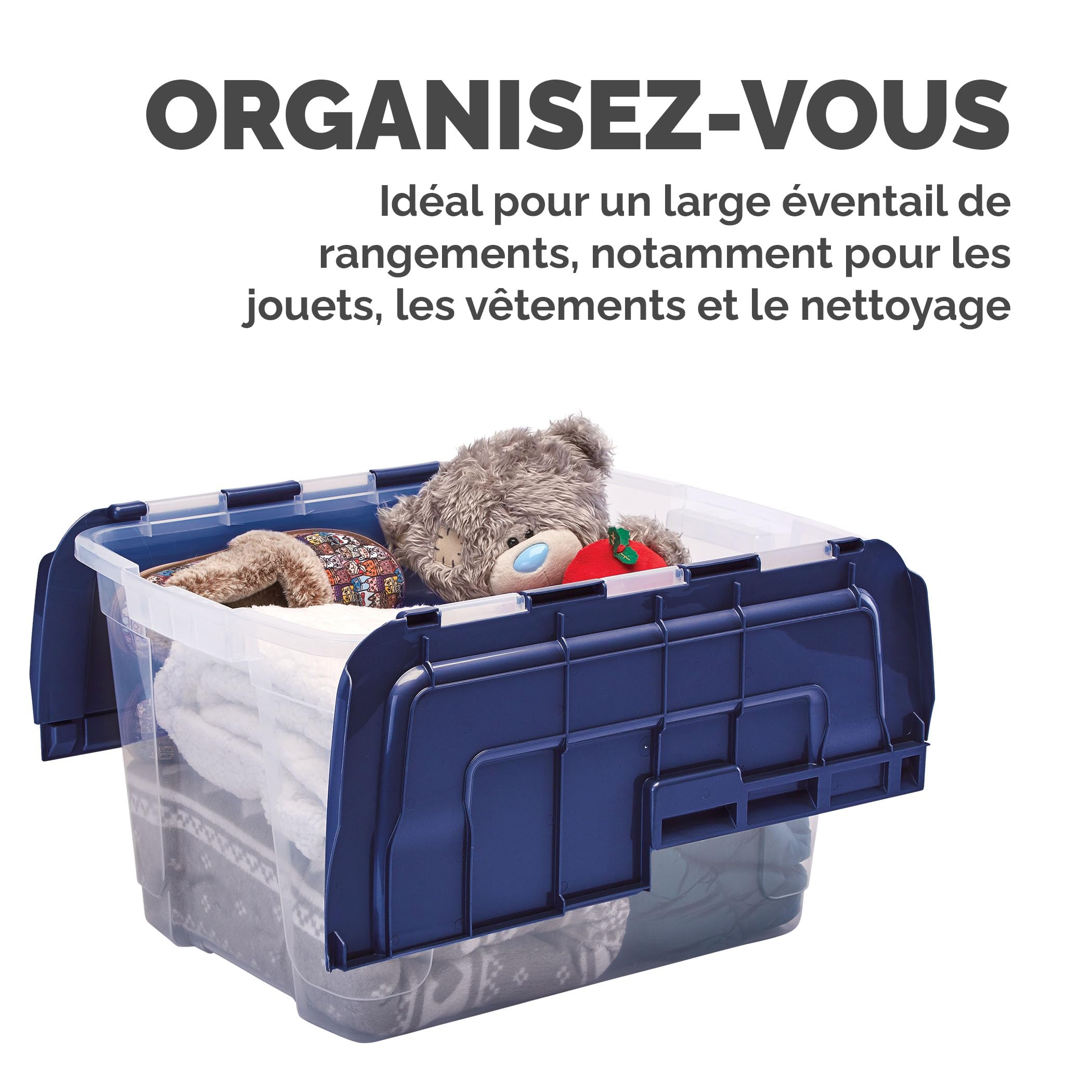 BANKERS BOX 55L Boîte fourre-tout en plastique, pack de 3, Polypropylène sans BPA, couvercles 100% recyclés, emboîtables et empilables, couvercle fendu, 35x43x59cm, polyvalent pour maison et bureau