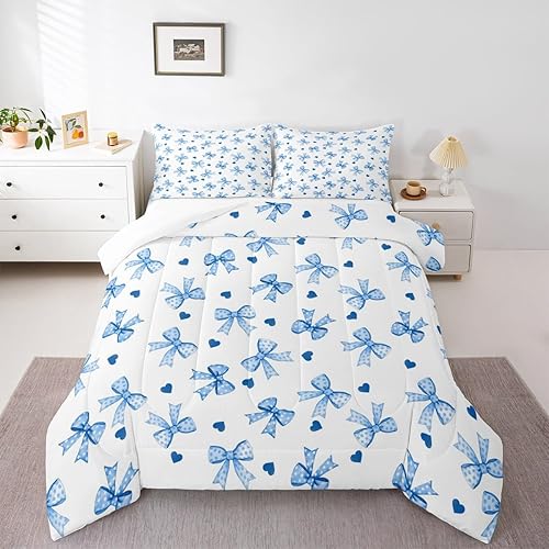 Feelyou Kids Blue Bowknot Comforter Set King Size, Princess Bow Duvet Insert Gir