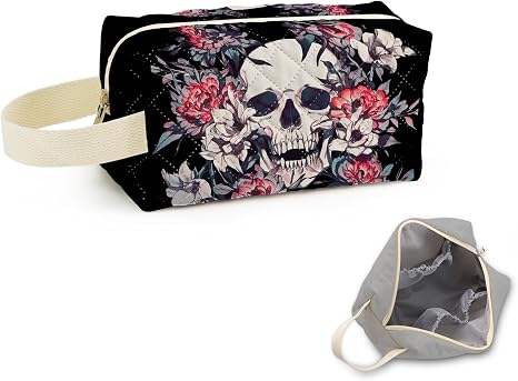 Floral Skull Printed Quilted Cosmetic Bag -2