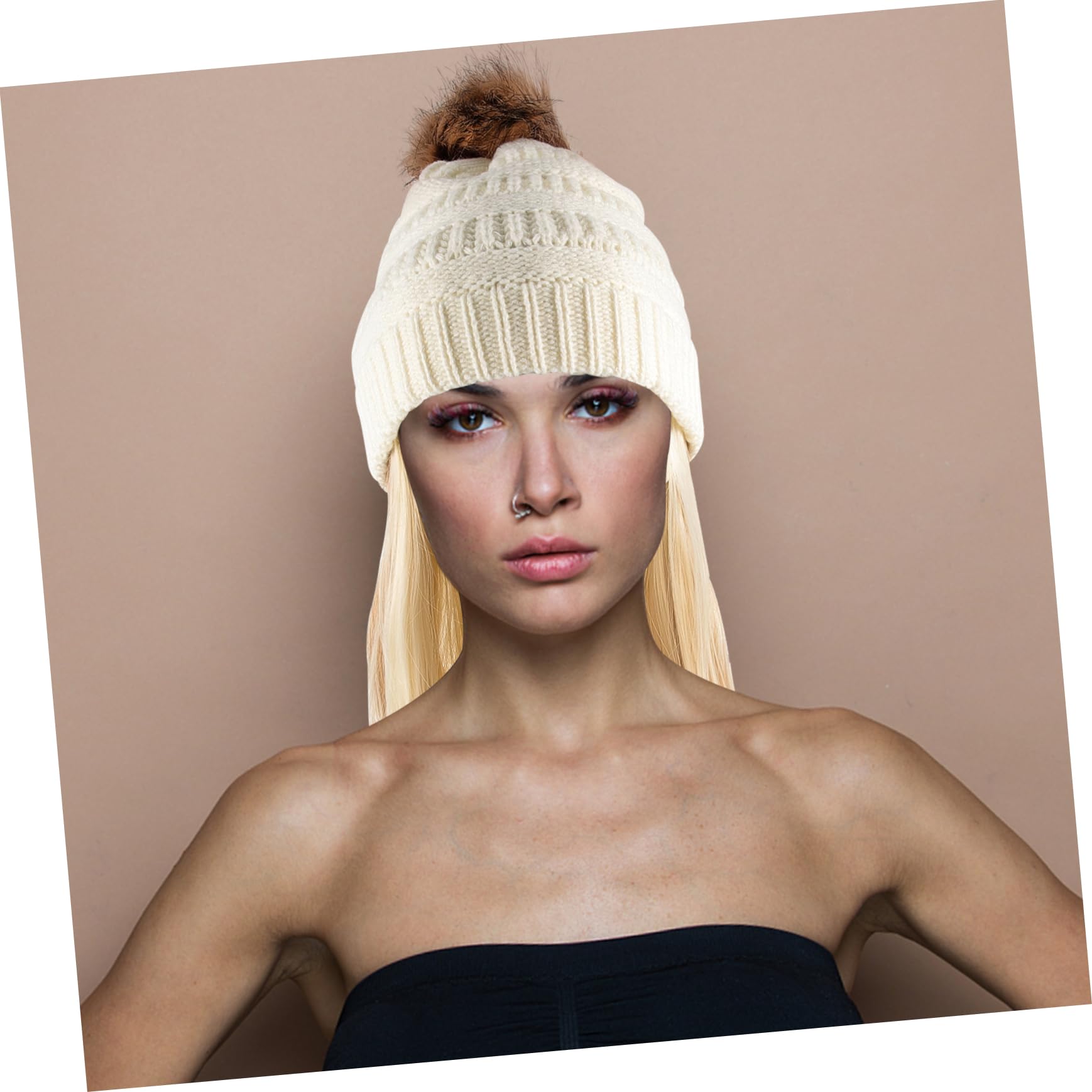 FRCOLOR Gorro con Pelo para Mujer de Seda de Alta Temperatura y Lana, Peluca Larga Ondulada con Ajuste Elástico Adecuado para Uso Diario y Dormir