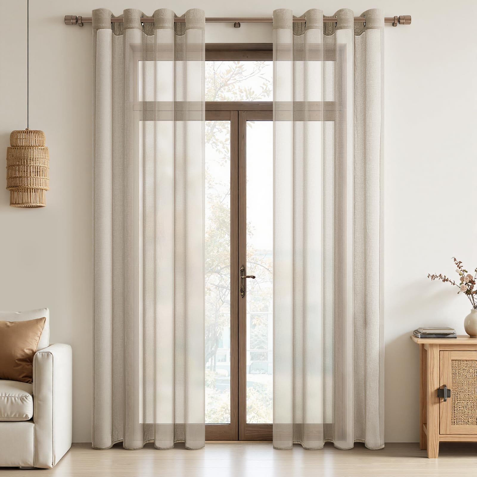 MRTREES Voile Curtains 90 Drop Pair, Long Sheer Net Eyelet Curtains for Living Room and Bedroom, 2 Panels Semi-Transparent Window Treatments 140x228 CM 55x90 Inch Beige โ image 1