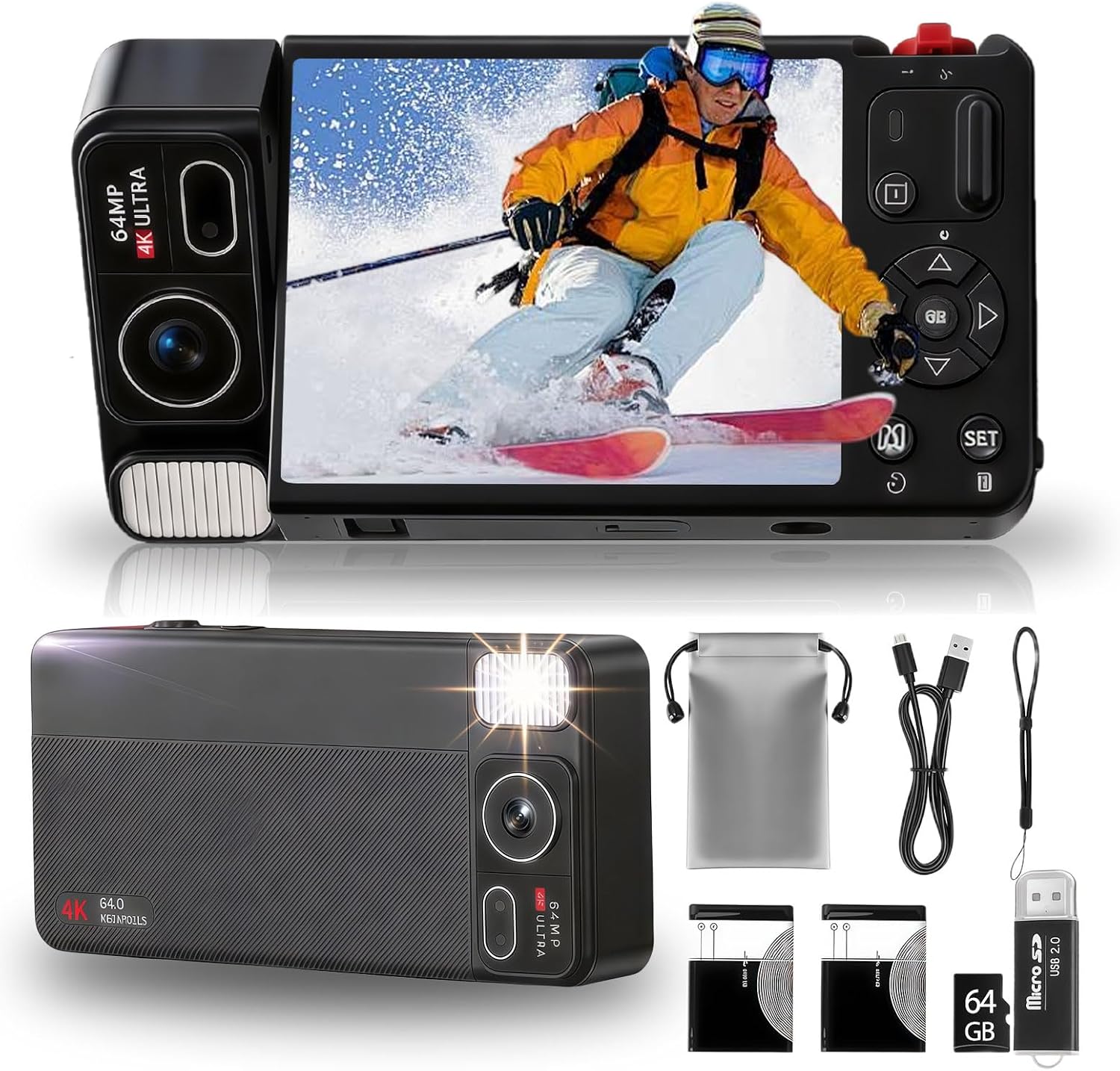 Digital Camera 270 Flip Screen, 4K 64MP Digital Compact Camera with 64GB card, 18X Zoom/Vlog Video Camera/Anti-shake/Flash, 2 Batteries+Card reader+Storage Bag for Beginner Teens Adults YouTube