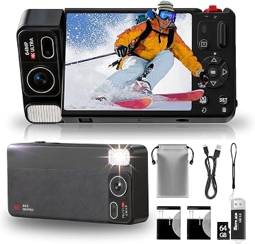 Digital Camera 270 Flip Screen, 4K 64MP Digital Compact Camera with 64GB card, 18X Zoom/Vlog Video Camera/Anti-shake/Flash, 2 Batteries+Card reader+Storage Bag for Beginner Teens Adults YouTube