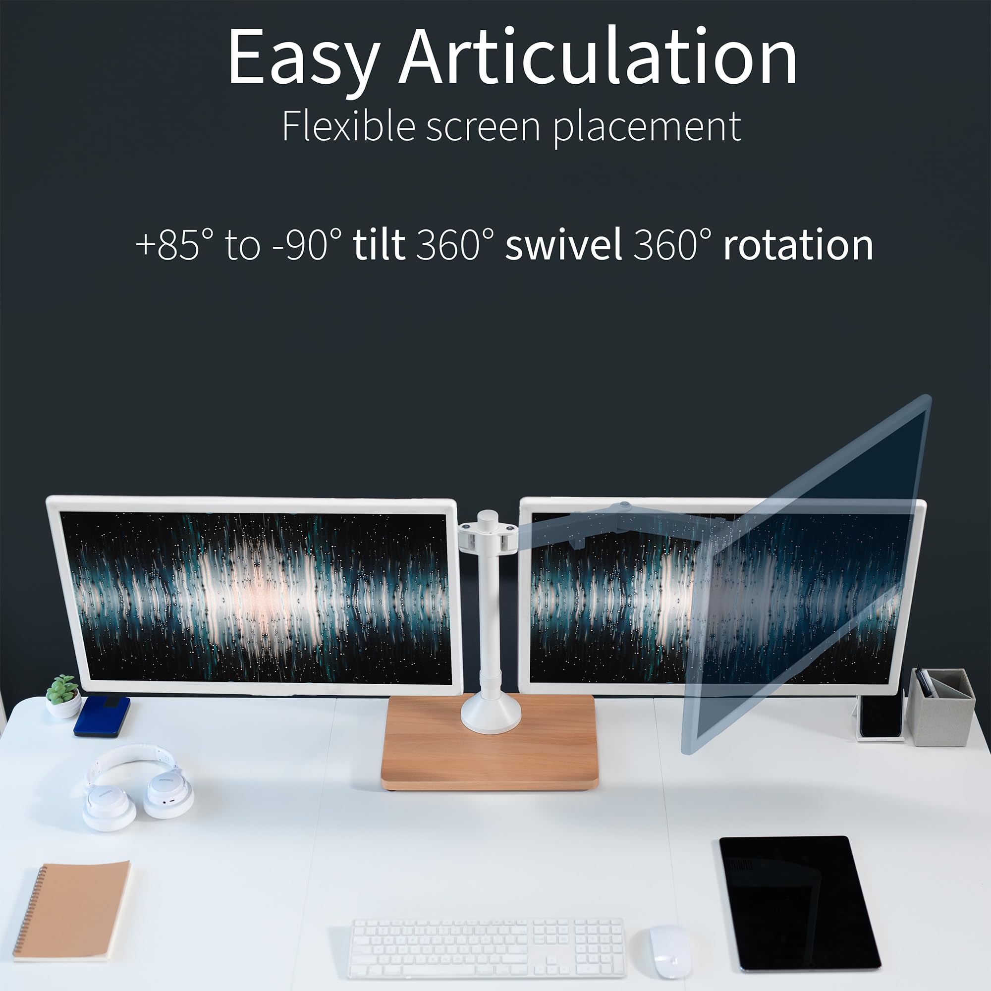 VIVO STAND-V002FD-W, Supporto per doppio monitor autoportante con base in legno massello e bracci regolabili, per 2 schermi fino a 32" e 10 kg ciascuno, bianco