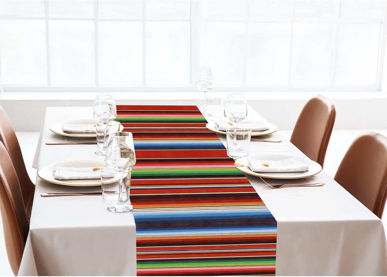 10 Pcs Mexican Fiesta Tablecloth Mexican Table Runner 108 x 54 Inch Plastic Striped Theme Party Decor Fiesta Colorful Striped Table Cover for Cinco De Mayo Party(White)