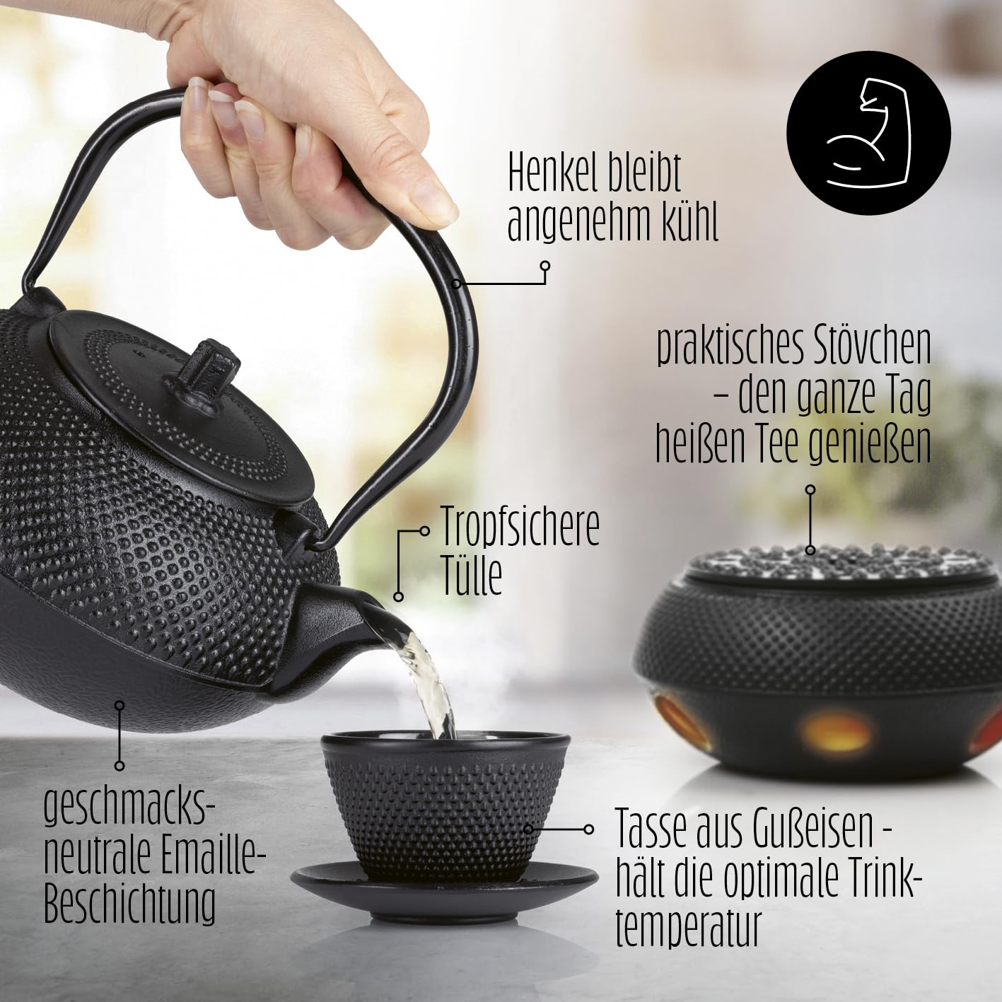 Lumaland Tee Set 12-teilig | 1,4 Liter Gusseiserne Teekanne Tetsubin | Stövchen aus Gusseisen | 4 Teebecher & 4 Untersetzer | Japanisches Teeset Inkl. Bambus Dosierlöffel & Edelstahl Sieb