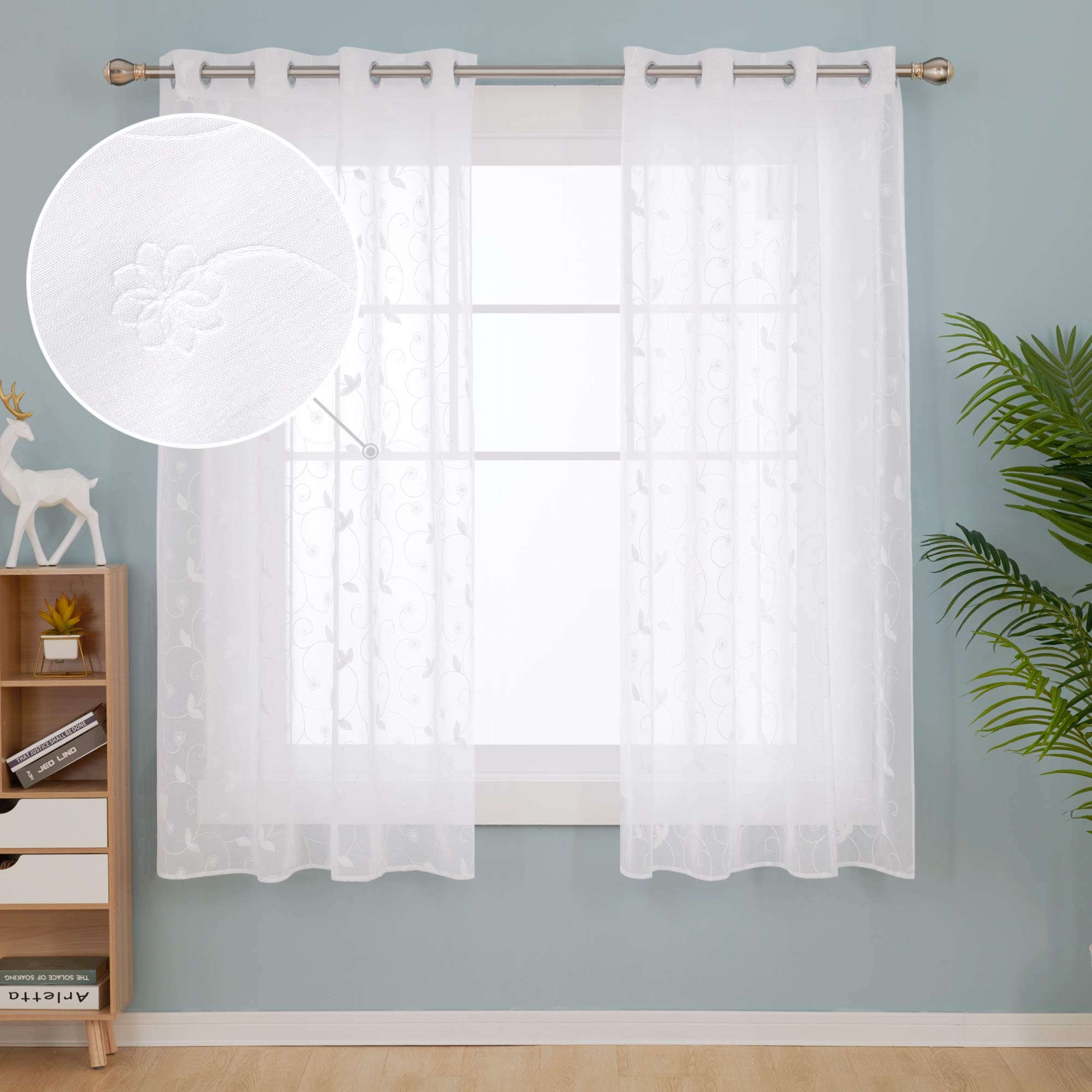 Deconovo Net Curtains Flower Embroidery Decorative Faux Linen Voile Curtains Semi Sheer Curtains Eyelet for Girls 55 x 54 Inch Beige 2 Panels
