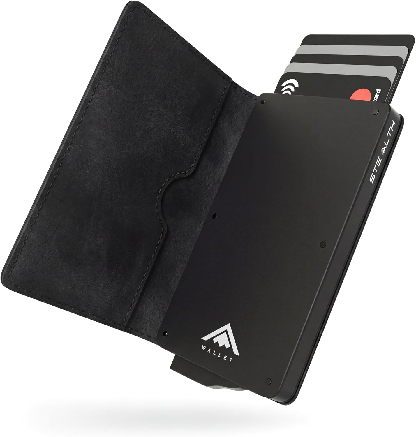 Stealth Wallet RFID Card Holder - Minimalist Pop Up Wallets with Gift Box - Slim Lightweight Metal Credit Card Holders for Men & Contactless Protector (Black Aluminium, Black Crazy Horse Leather)