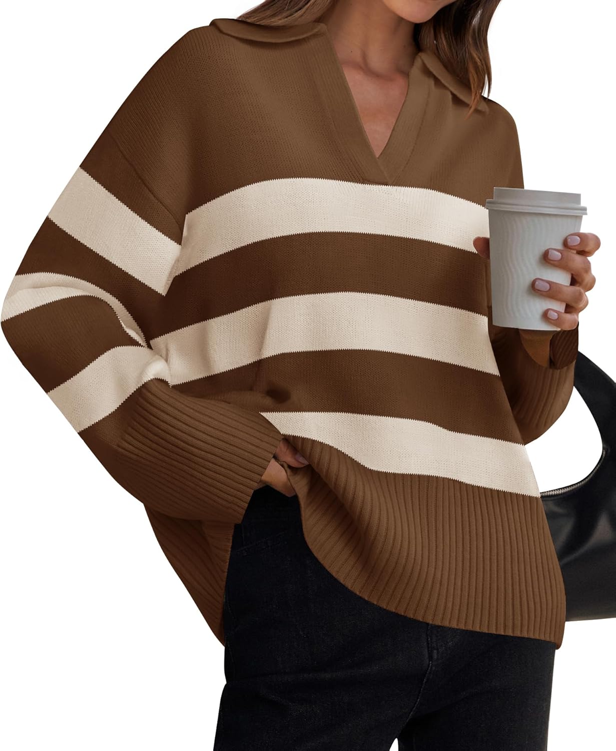 ZESICA Women's 2025 Fall Winter Sweaters Lapel V Neck Long Sleeve Striped Chunky Knit Oversized Pullover Sweater Jumper Tops