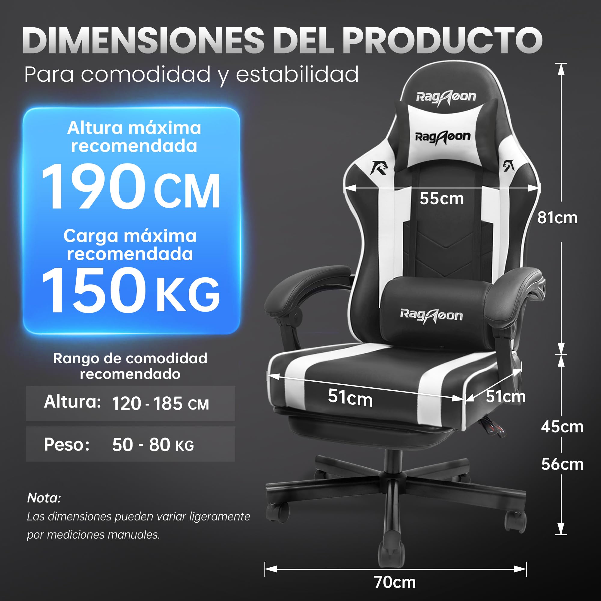 Silla de Gaming – Silla ergonómica para Gamer con reposapiés, reposacabezas y Soporte Lumbar, Altura Regulable, Acolchada, 150 kg, soporta hasta 150 kg, Color Negro
