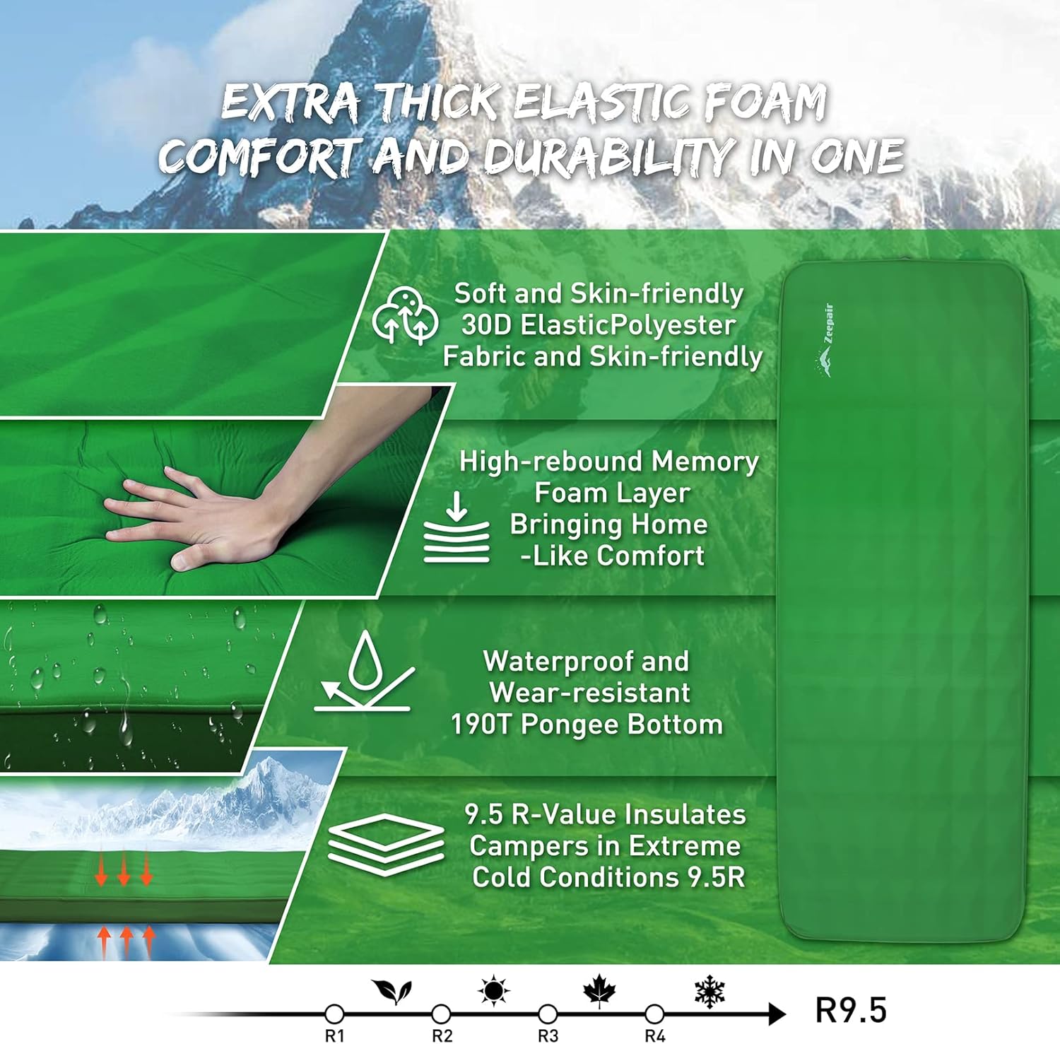 Buheco Sleeping Pad for Camping, Self-Inflating 9.5 R Value 3" Ultra-Thick Memory Foam Comfort Plus Camping Mats for Backpacking Travelling & Hiking Portable Air Mattress for 4-Season Green