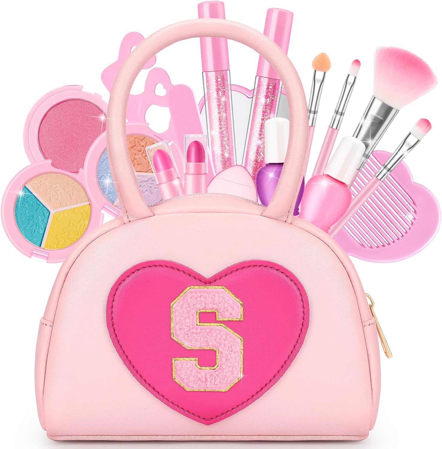 Kids Washable Makeup Kits for Little Girls - 18 Pcs Toddler Non Toxic Real Make Up Set with Lipstick - Easter Basket Stuffers for 3 4 5 6 7 8 9 10 Years Old Pink Initial Heart Purse Birthday Toys - S