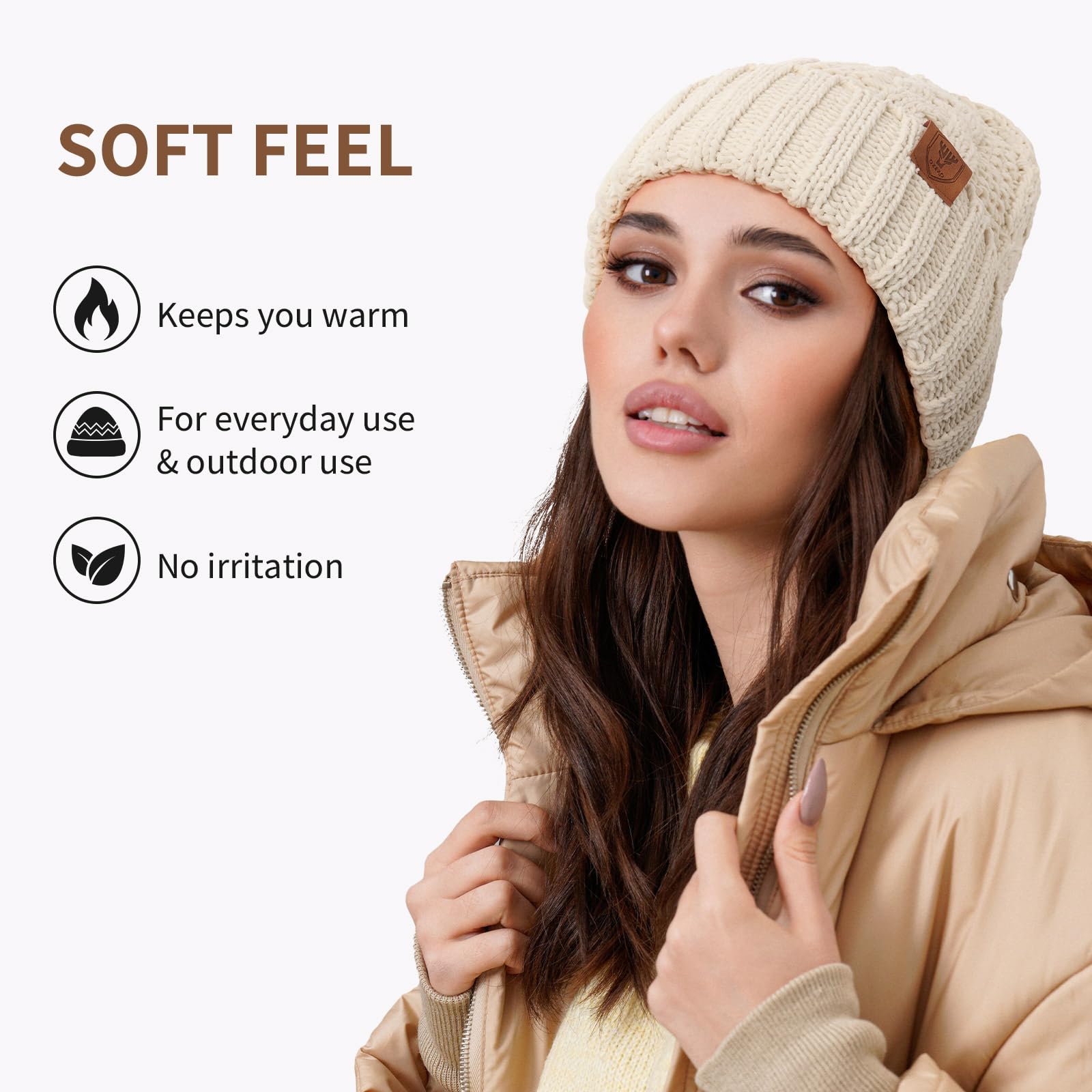 OZERO Womens Hats Winter, Knit Polar Fleece Lined Warm Slouchy Beanie Hats for Women-Beige