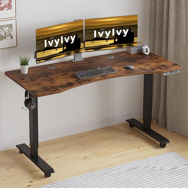 IvyIvy elektryczne biurko z regulacją wysokości (140 x 76 cm), do siedzenia i stania, z 4 funkcjami pamięci, brązowy (z wymiarami łuku)