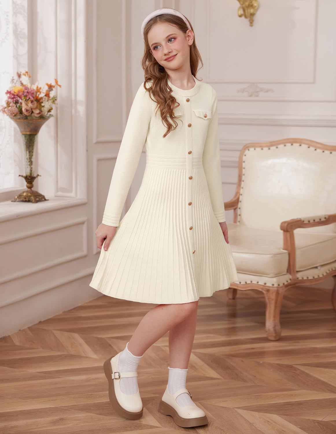 GRACE KARIN Girls Sweater Fall Dress Long Sleeve Knit Button Front Pleated A-Line Casual Winter Midi Dresses 5-14Y
