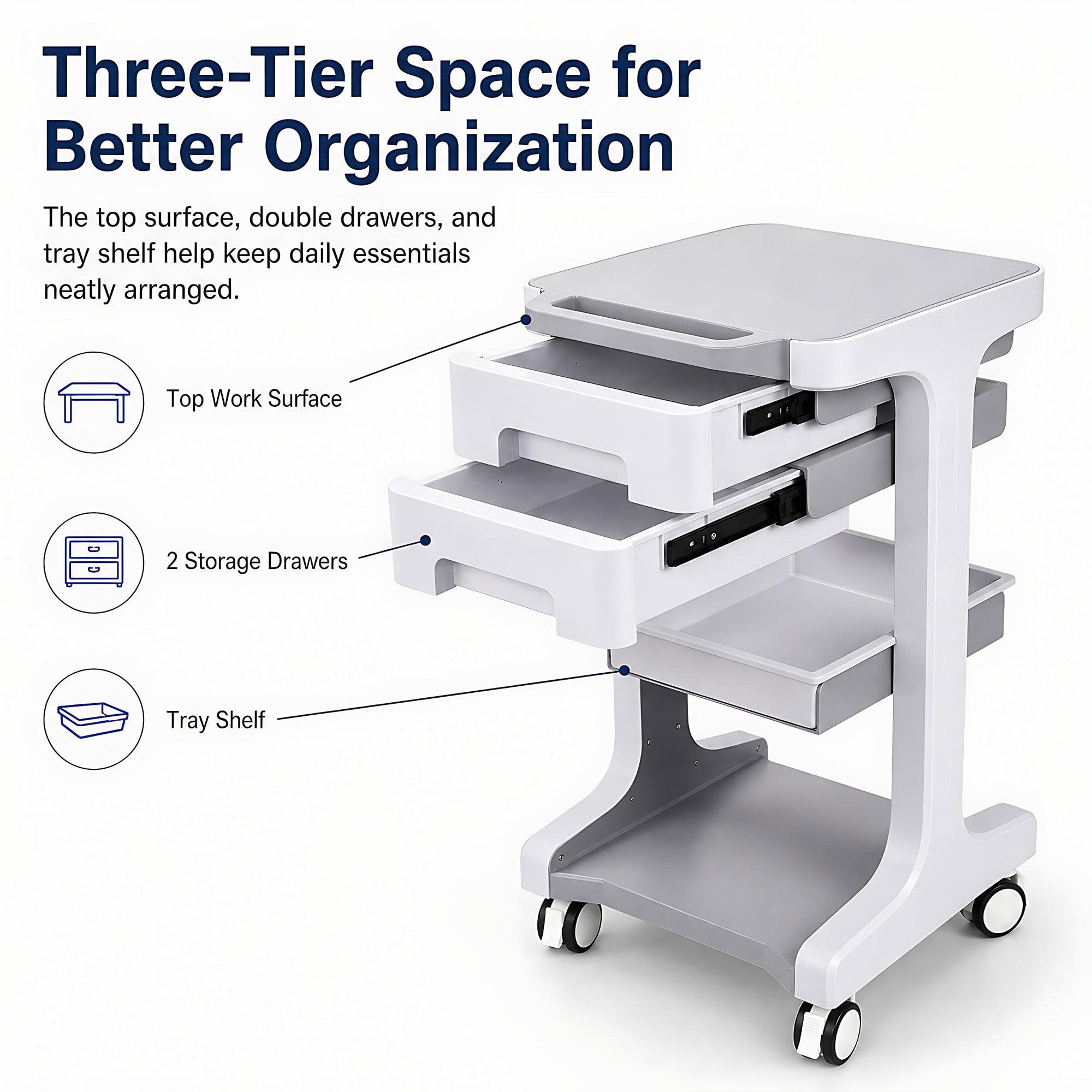 Carrello laboratorio 3 piani 2 cassetti, 50 kg, freni, per ambulatorio Grey | Design compatto e ingombro ridotto. Adatto a studi medici, ospedali, centri estetici, saloni di parrucchiere e laboratori.