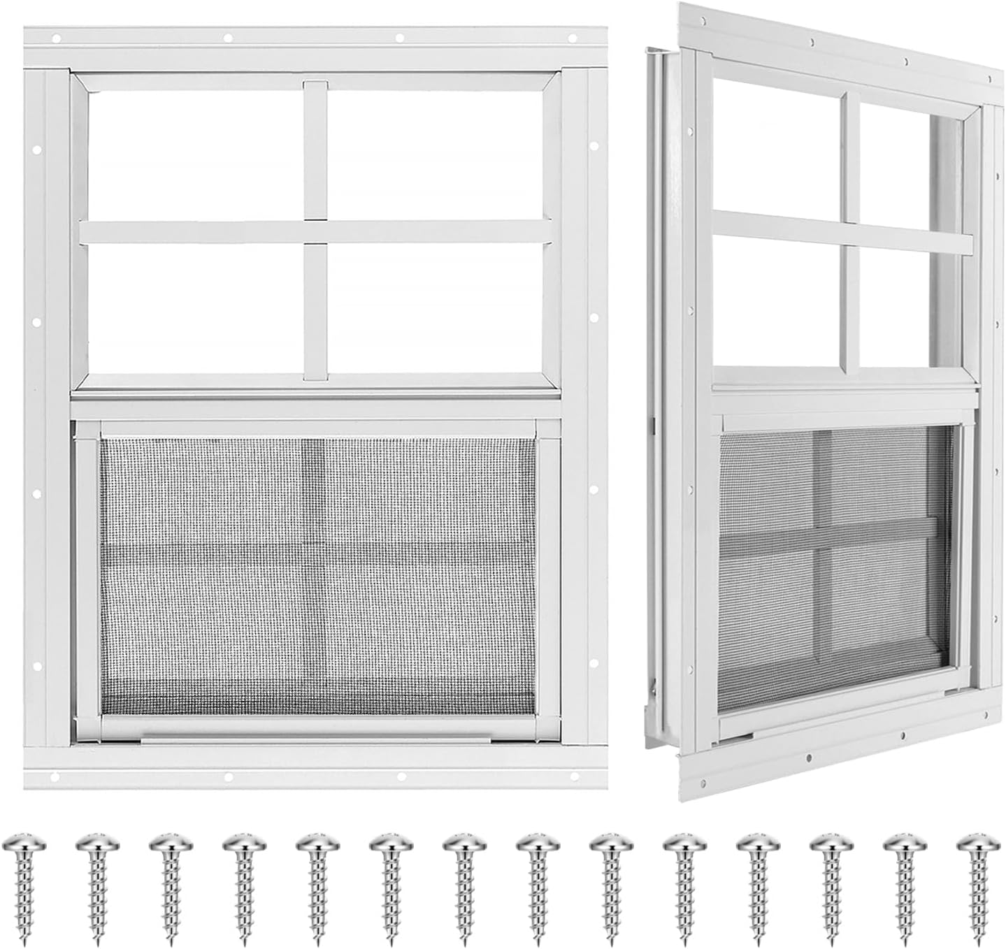 2 Pack 12''x16'' Shed Windows, CorrexGrate White Flush Mount Window with Tempered Glass and Screen, Aluminum Sliding Windows for Shed, Chicken Coop, Playhouse, Household, Garage