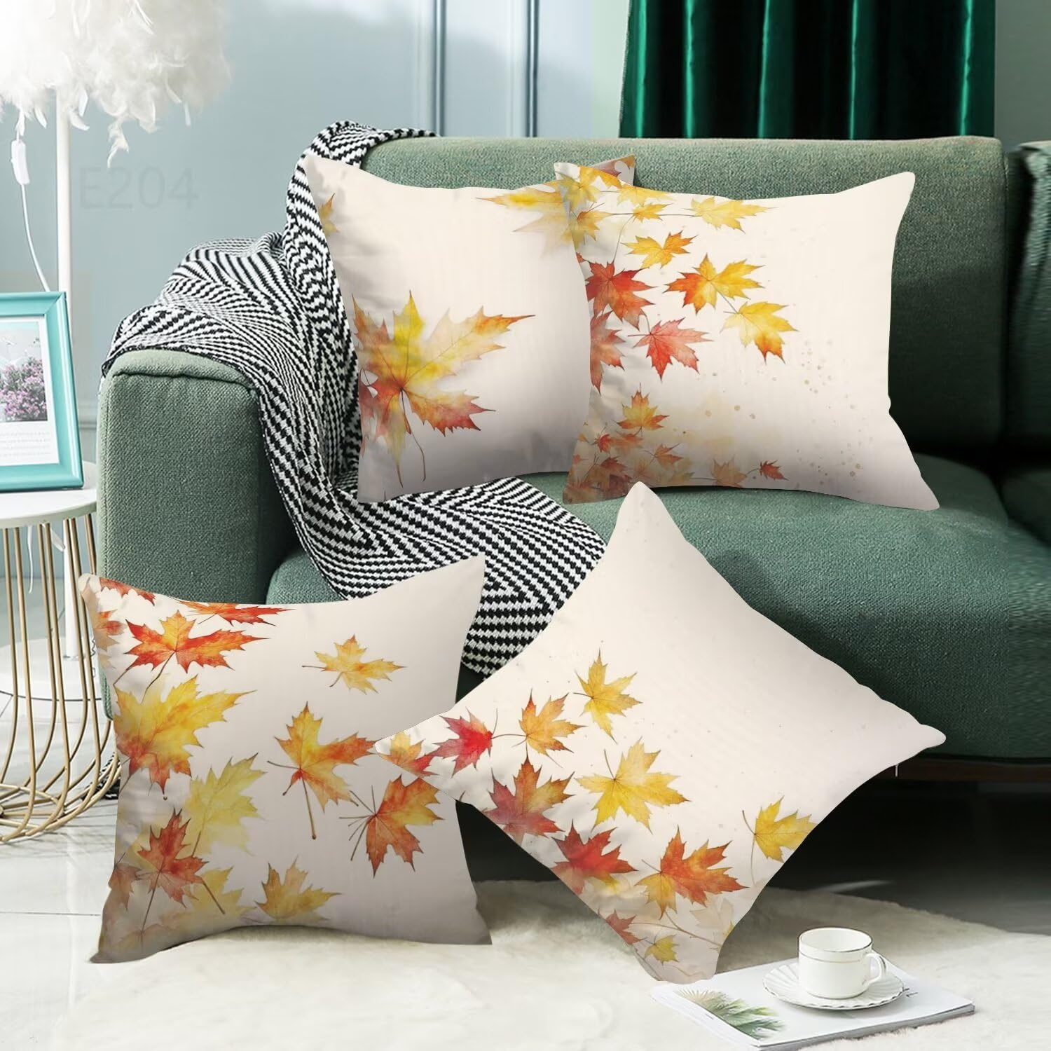 foglia acero Federe Cuscini Divano 60x60cm,4 Pack Pianta Estate Esterno Cuscini per Divano,Doppio Lato Quadrato Morbido Cuscini Divano,per Divano Soggiorno Sedia Autunno Dekoration Cuscino LY-204