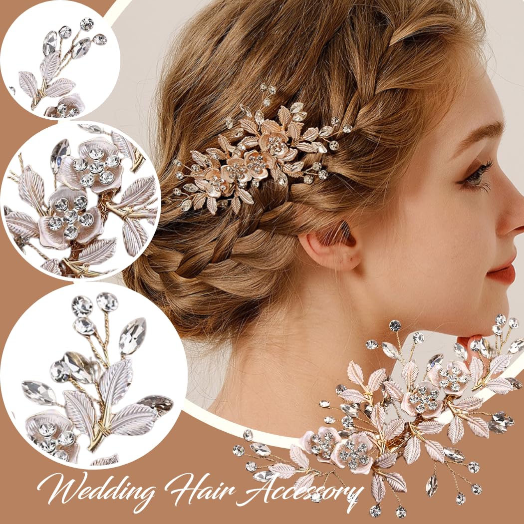 ALUINN Flower Bride Hair Comb Crystal Hair Piece Rhinestone Wedding Bridal Hair Accessories for Women Brides and Bridesmaids （Rose Gold） - Image 4