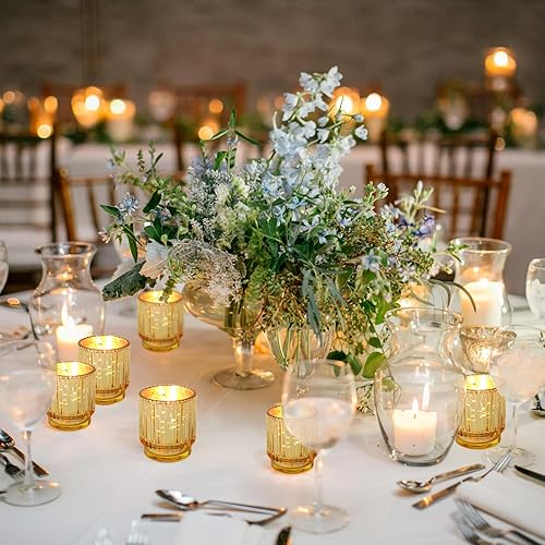 Miniatura 7 de Juego de 6 portavelas votivas de vidrio de mercurio dorado, candelabros de fiesta de boda, elegantes velas de centro de mesa, juego de candelabros