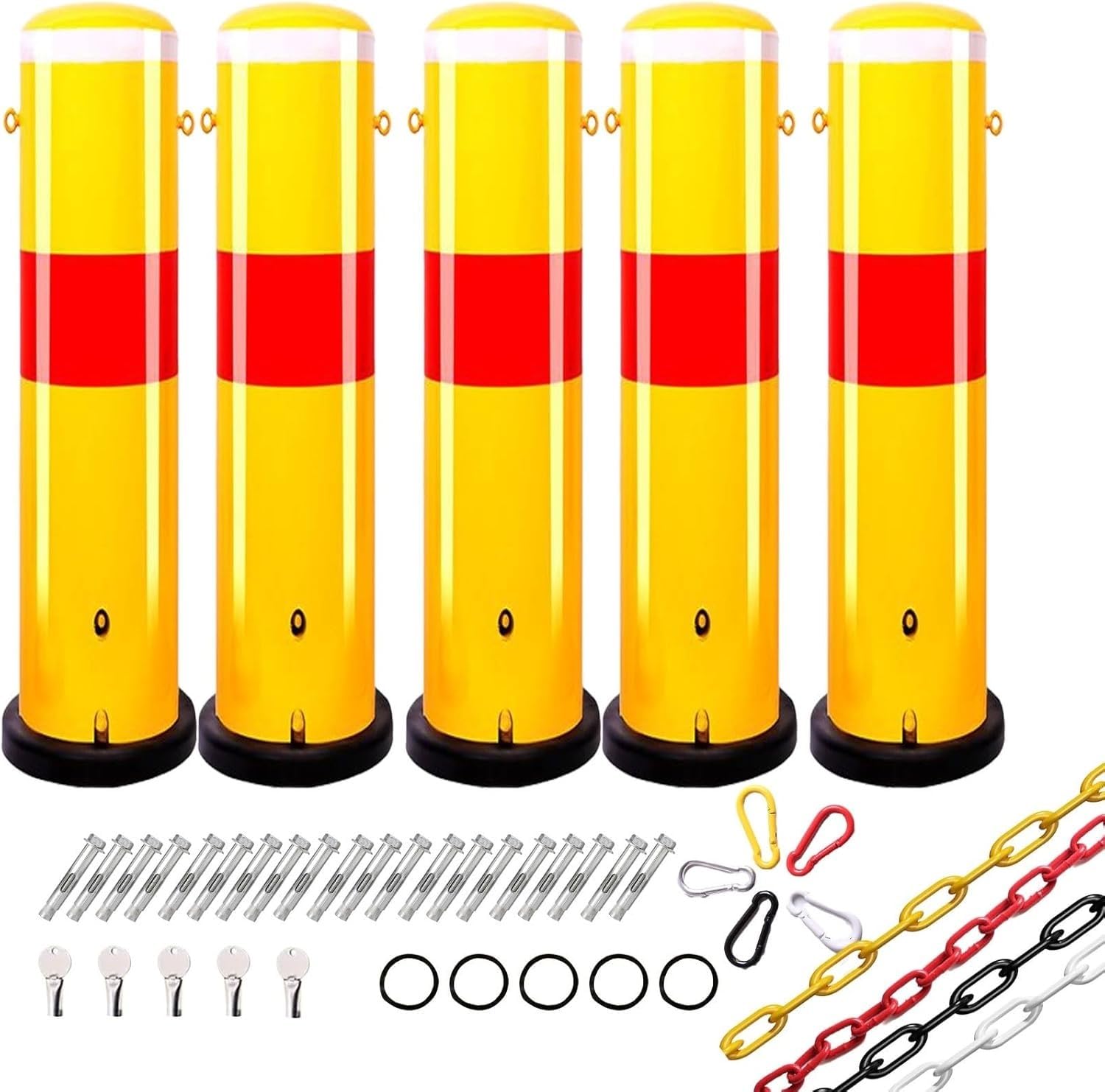 5 PCS Driveway Security Post Barrier Reflective Stripes Yellow Pipe Bollards Warning Column Road Barricade for Private Car Park Driveway Guard Saver Blocker