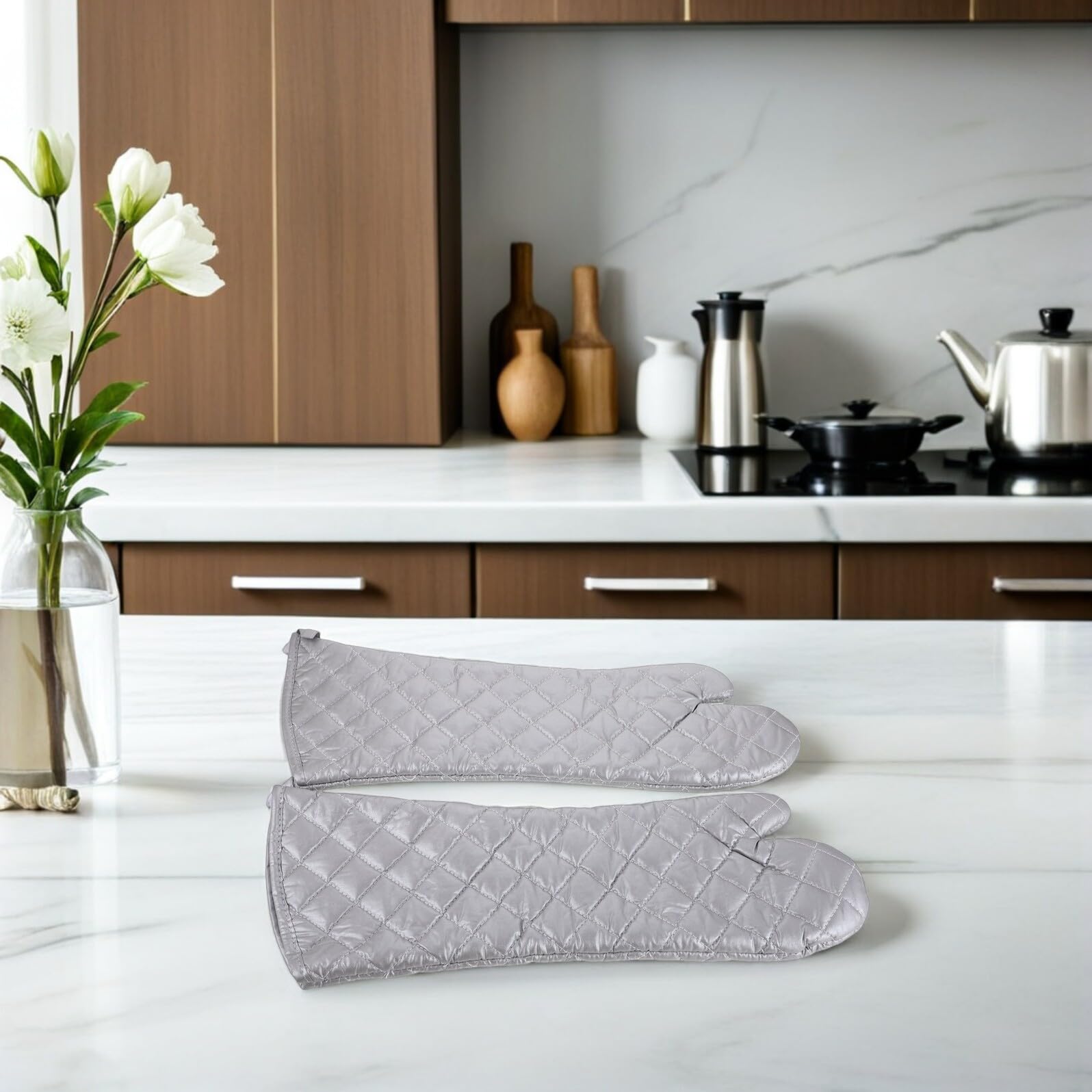 Generic Guanti da Cucina Resistenti al Calore in Cotone Poliestere Argento, Guanti Forno Multifunzionali per Forno Microonde e Stufa, Protezione Alta Temperatura per Cuochi e Barbecue