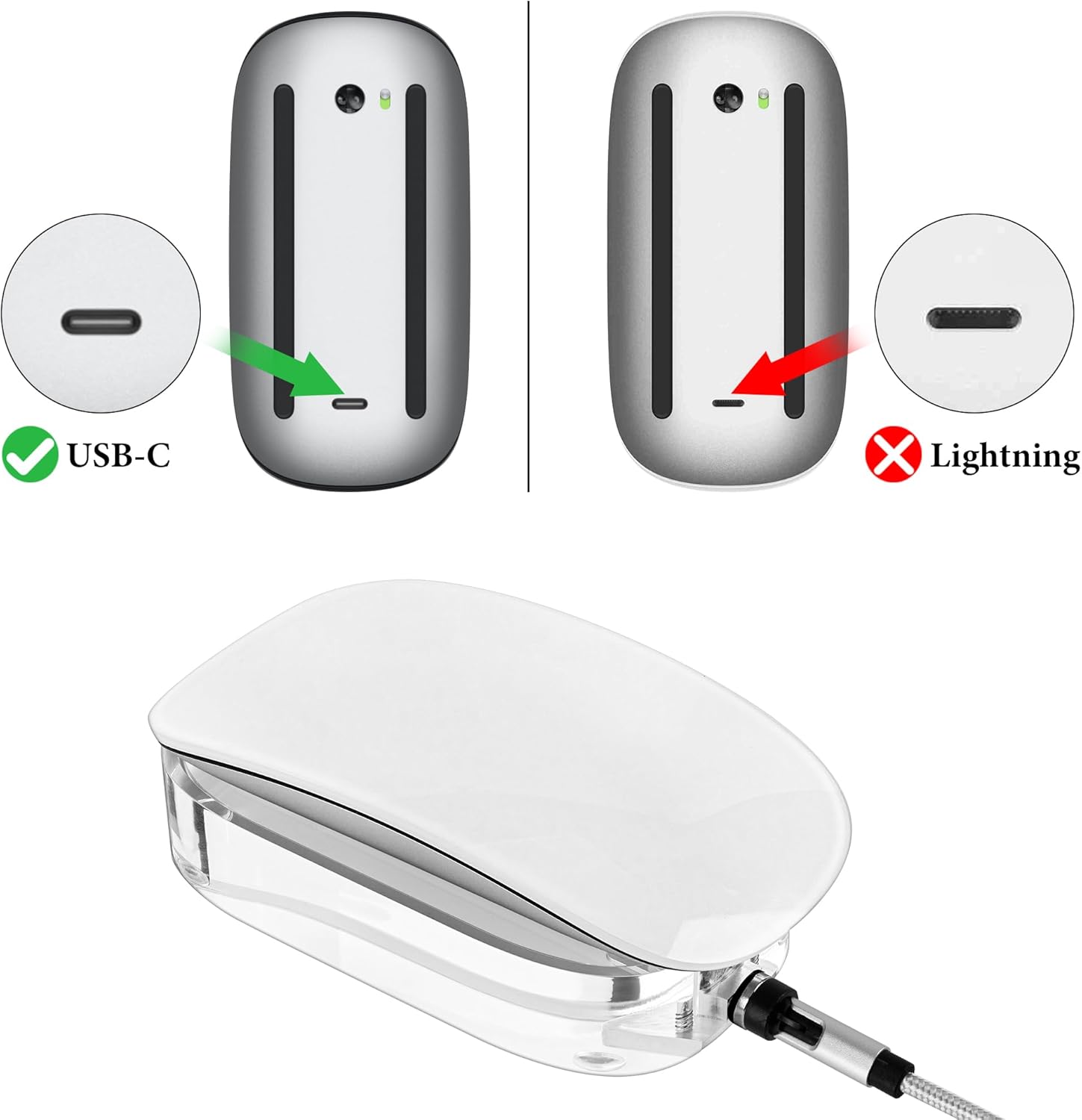 Geekria Mouse Charging Station, Acrylic Charging Dock, Mouse Stand, Compatible with Apple Magic Mouse (USB-C), Magic Mouse Accessories (Transparent)