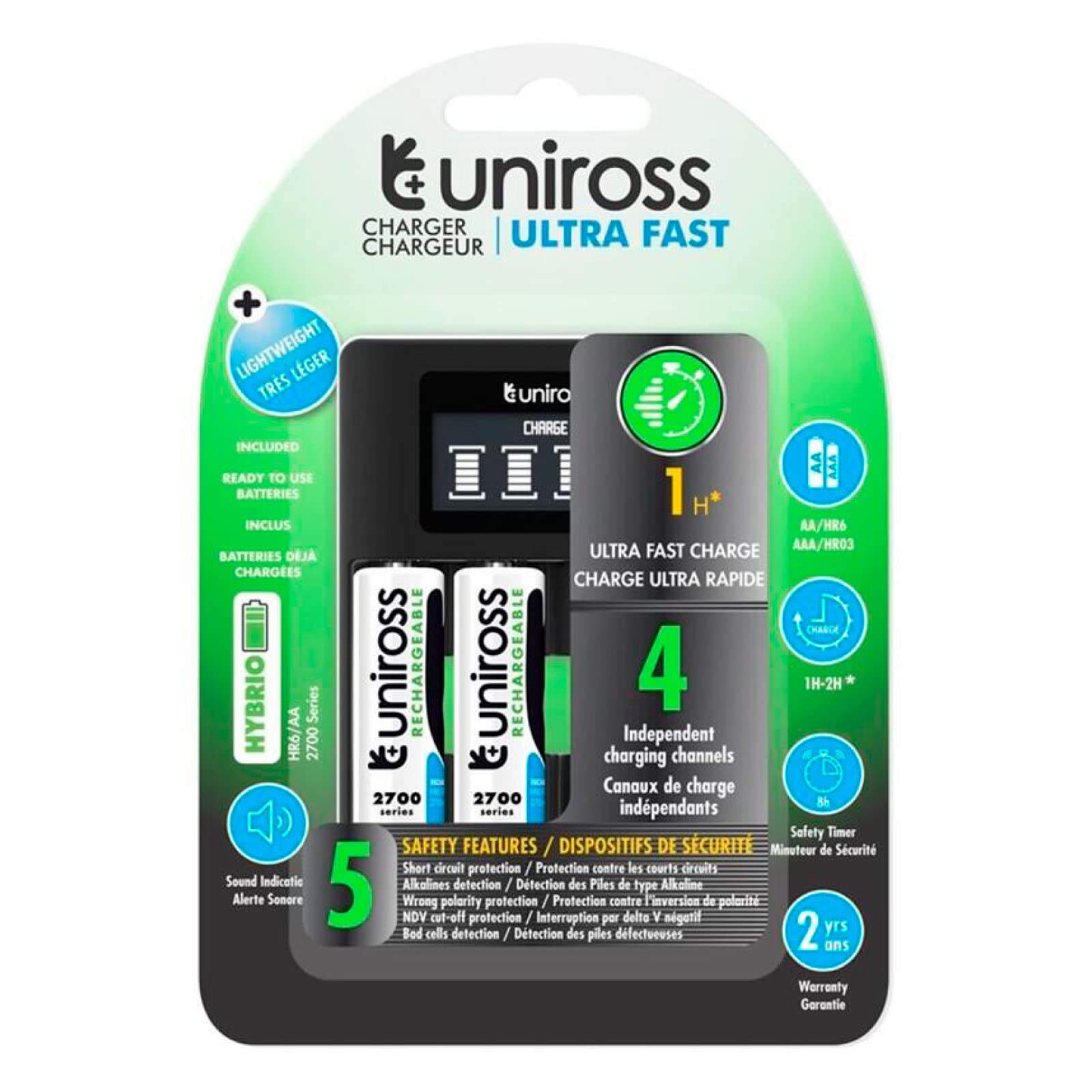 Uniross Ultra Fast Cargador rápido para baterías Recargables AA/HR6 – AAA / HR03 Alimentado por Cable USB con 4 Pilas AA 2700 Series – Paquete de 1 Cargador y 4 Pilas AA