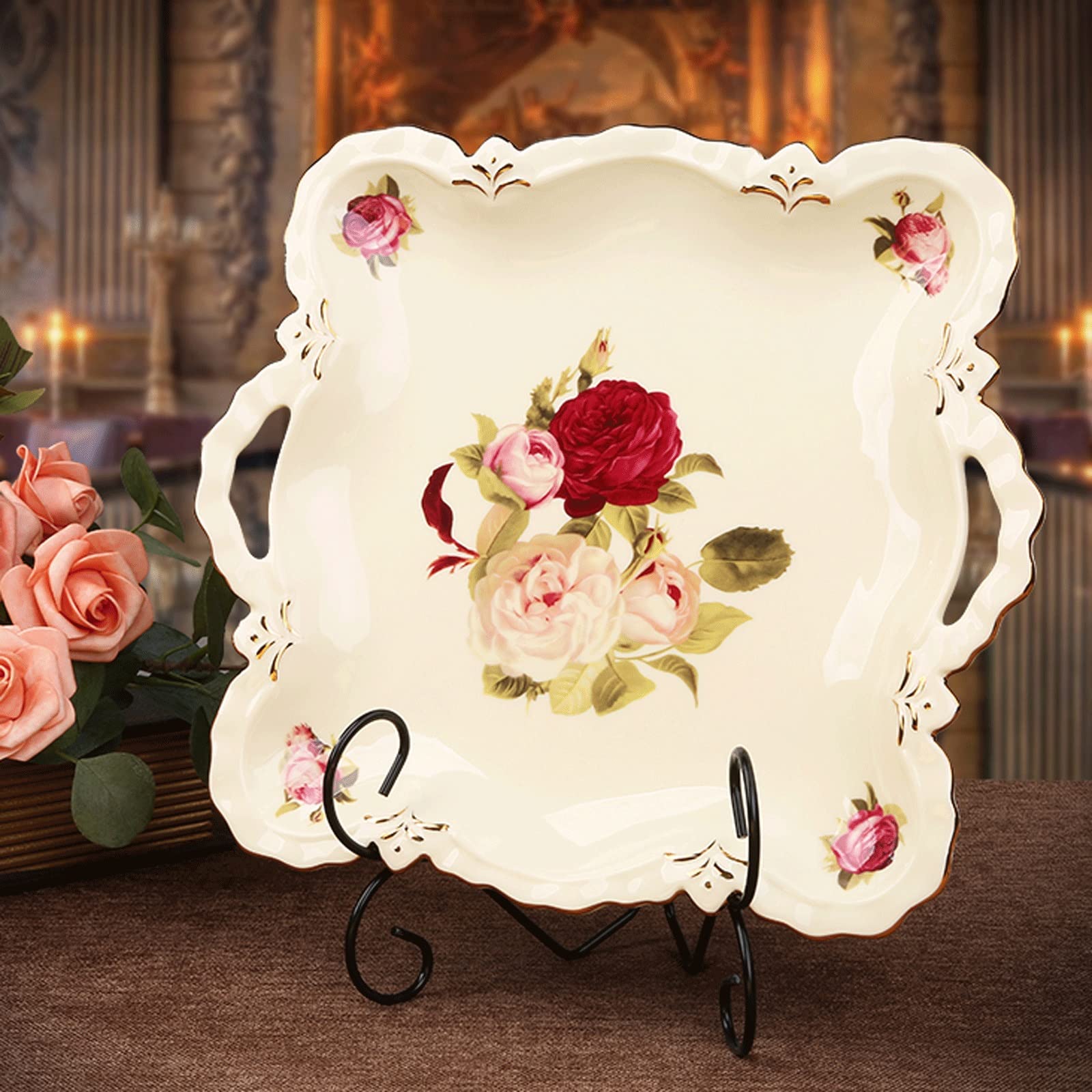 Bandeja Bandeja de cerámica con bandeja de mango Bandeja de servir con adornos de oro Tray decorativa Bandeja de flores Fits Cómoda Baño Cocina Café Mesa de centro Blanco Bandeja Antideslizante