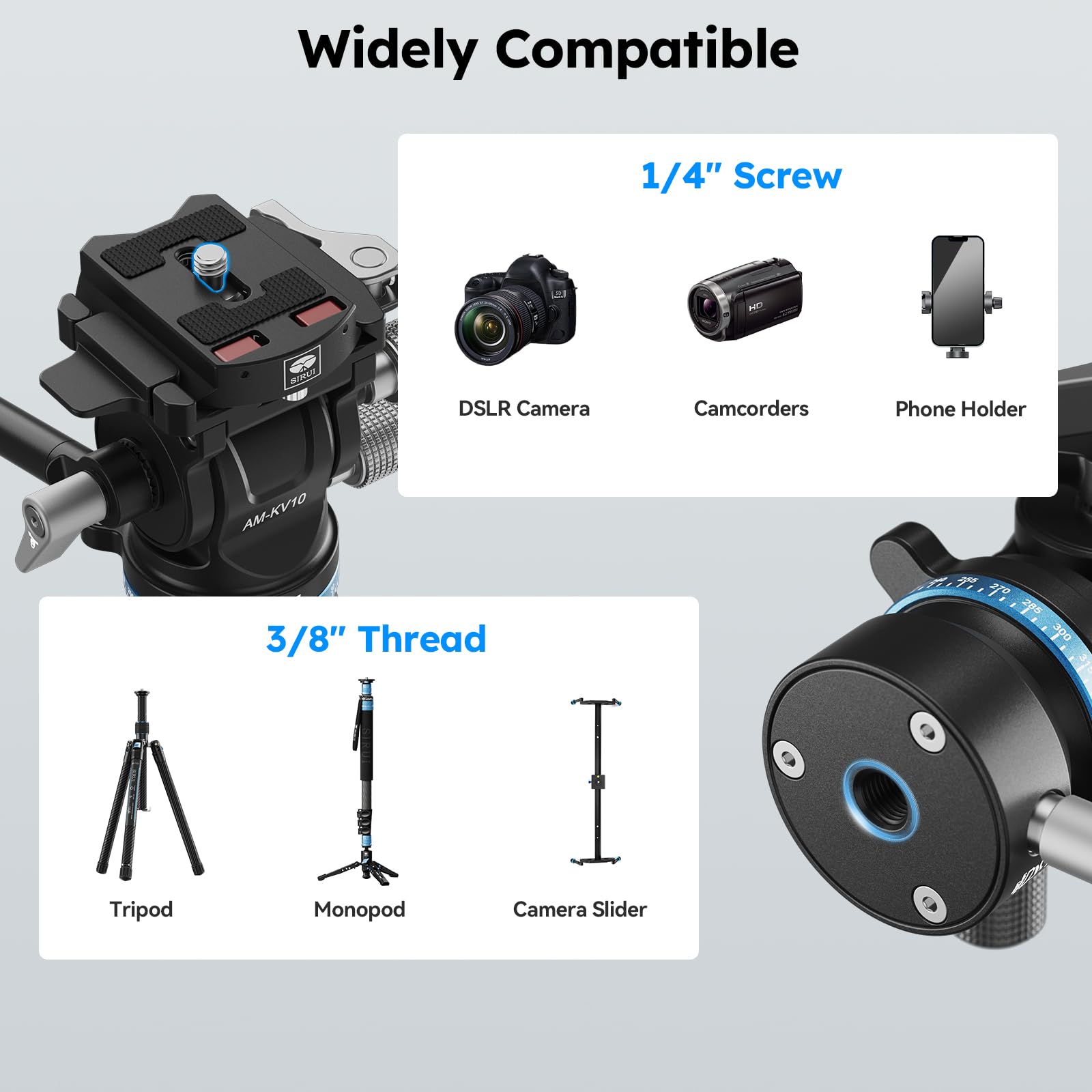 SIRUI Testa fluida per treppiedi con base di livellamento a 8°, AM-KV10 | Testa in metallo con attacco rapido a inserimento laterale, testa per treppiede video per fotocamere DSLR, carico massimo 5kg