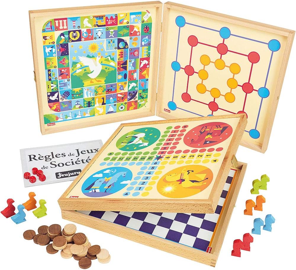 Jeujura - Classic Set Small Horses Goose Dames marelle-yams-421-50 Rules-4 Wooden Game Boards and Pawns-2 to 6 Players, 8119, White