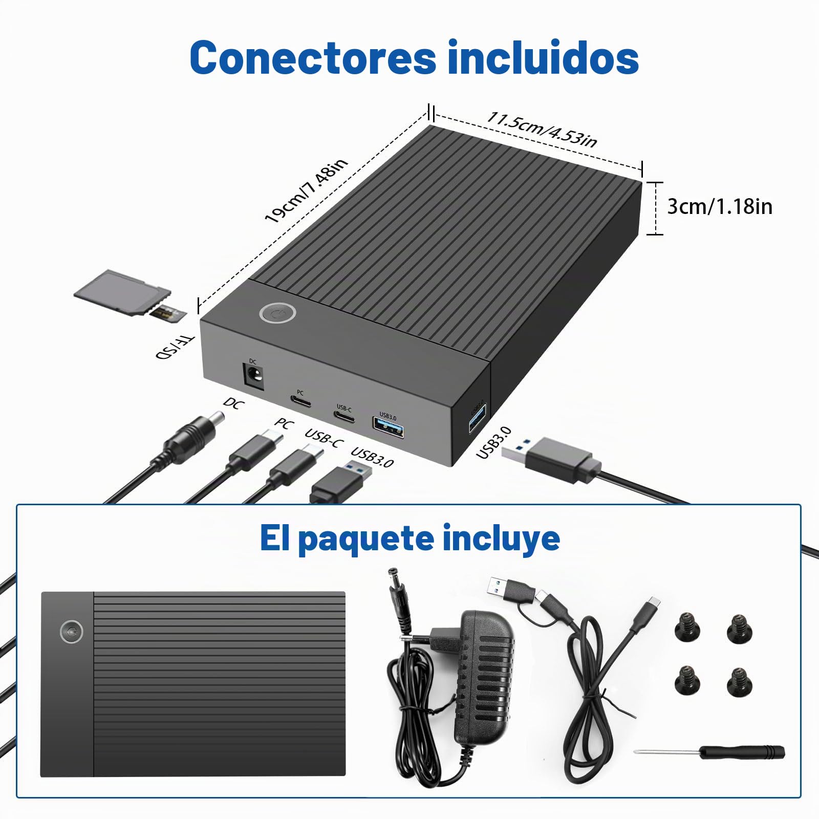 USB 3.0 Carcasa Disco Duro 3.5 para SATA SDD/HDD de 2,5/3,5", 6 Gbps Estación de Acoplamiento para Disco Duro Compatible con Tarjetas SD y TF con Adaptador de Corriente de 12 V/2 A, UASP
