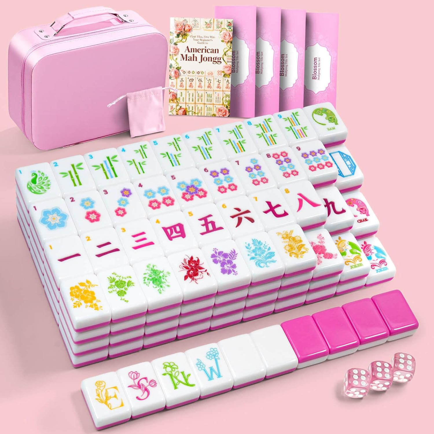 Blossom Mahjong Tile Set - 160 1.2-inch Pink American Mahjong Tiles with Travel Case, 3 Dice & Beginner's Guide