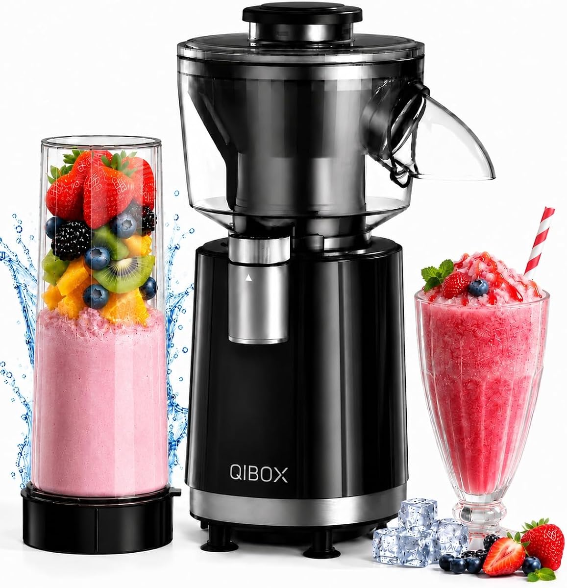 Máquina de conos de nieve y licuadora de batidos QIBOX 2 en 1 | Máquina de afeitar de hielo eléctrica de 700 W para cocina casera | Perfecto para fiestas de cumpleaños infantiles, barbacoas de verano y batidos de desayuno diarios