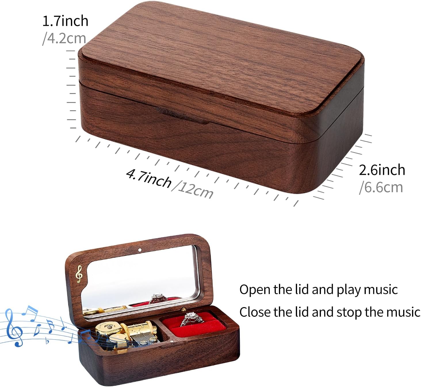 Elegant Vintage Wooden Jewelry Ring Jewelry Box, Musical Ring Box Gift for Lover Birthday Wedding Anniversary(Walnut Wood, Tune: You are my sunshine)