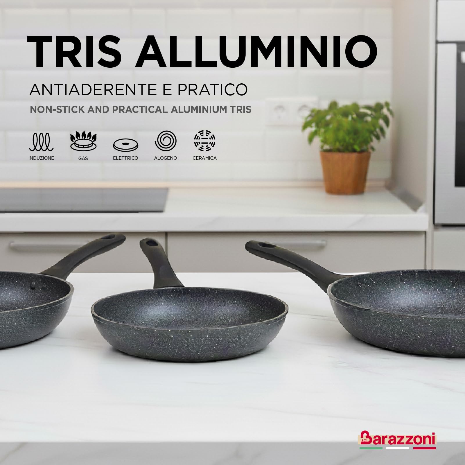 Barazzoni Grigex Set di 3 Padelle, ø 20/24 / 28 cm, Alluminio a spessore differenziato, Manico antiscottatura, Induzione+Gas, PFOA/BPA free
