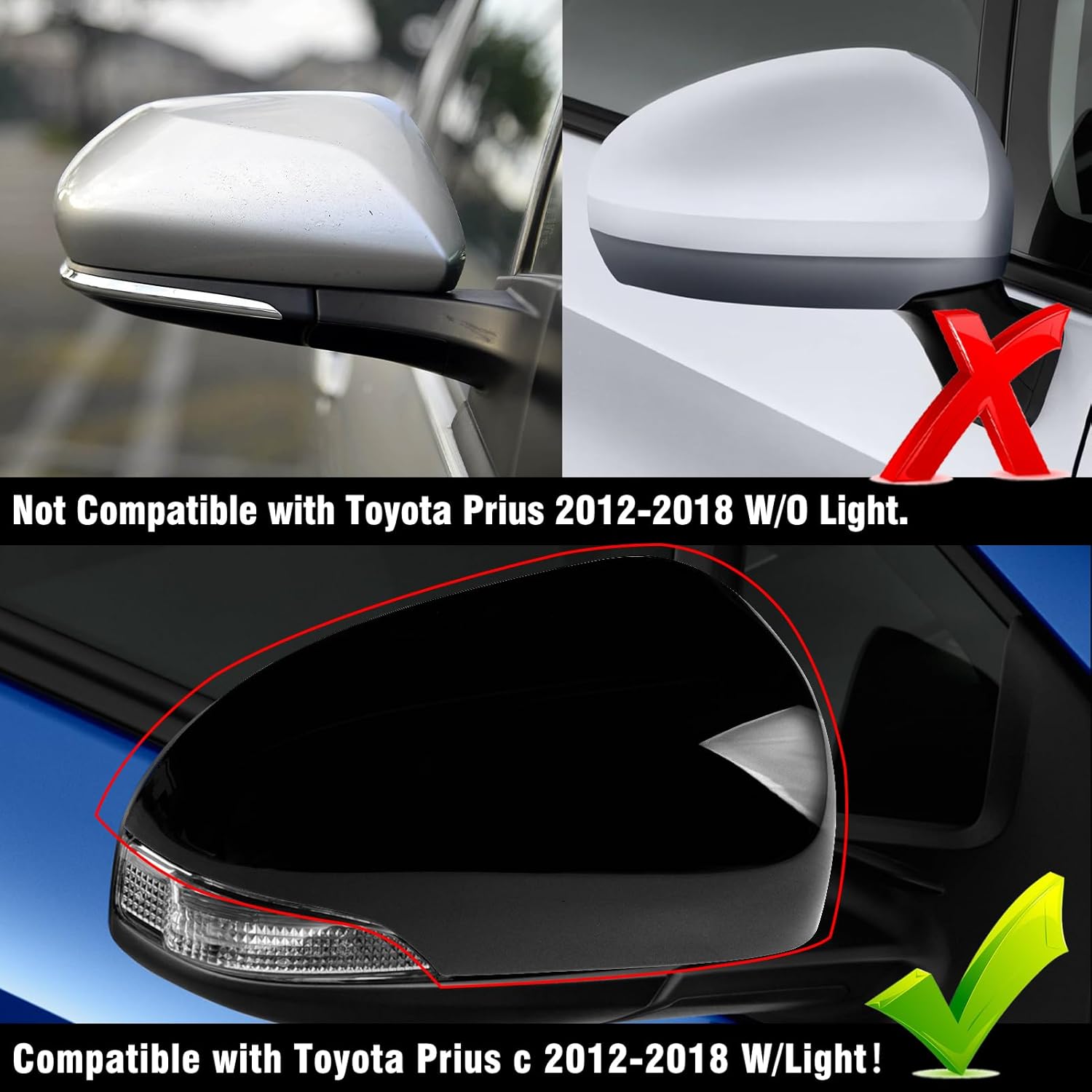 Compatible with Toyota Prius C Right Passenger Side Mirror Cap Cover 2012-2018, Glossy Black Side Rearview Mirror Cover Replacement With Turn Signal Light for Prius C Replaces for 87915-52170
